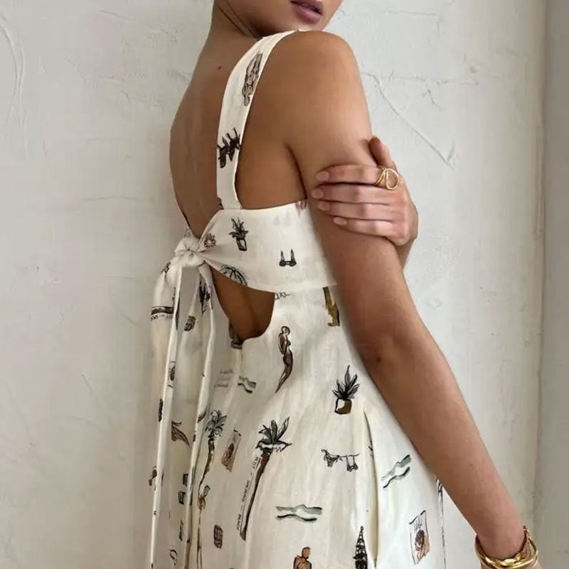 Women's Casual Summer Printed Sleeveless Backless Lace-Up Loose Dress