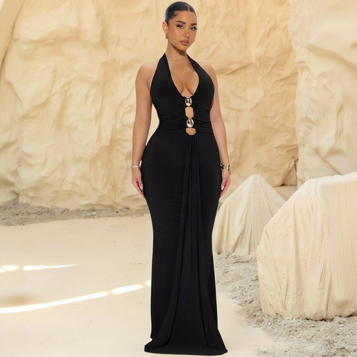 Women's Sexy Solid Color Metal Decorated Halter-Neck Backless Split Dress