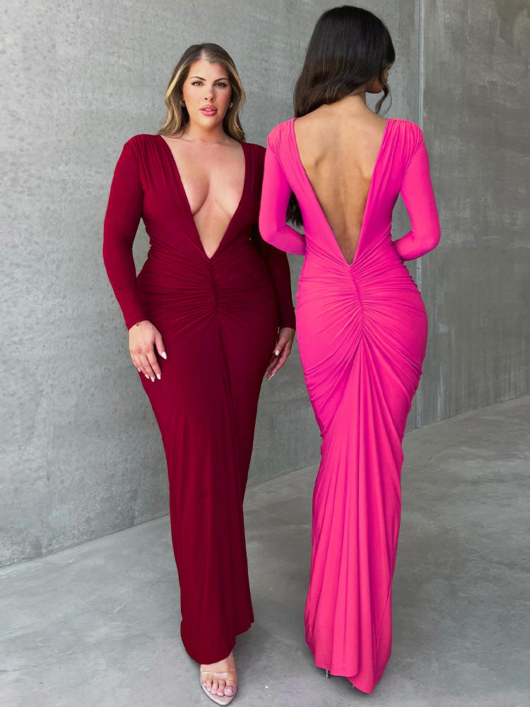 Women's Summer Sexy Deep V Creased Long Sleeve Tight Maxi Dress