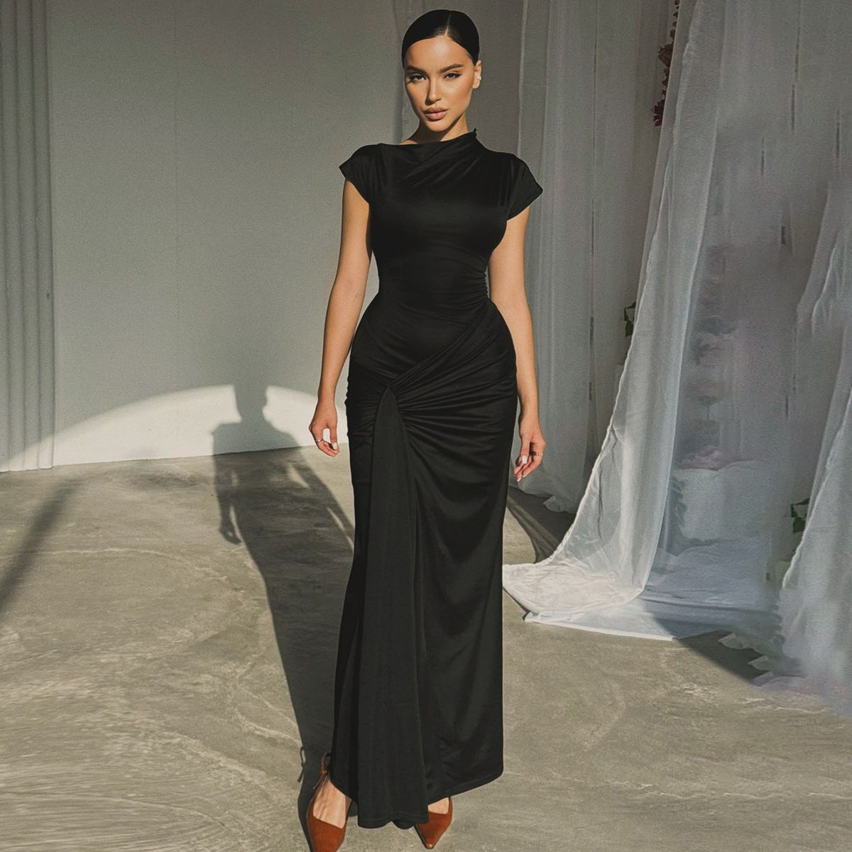 Women's Elegant Summer Solid Color Short Sleeve Slim Fit Pleated Lace-Up Dress