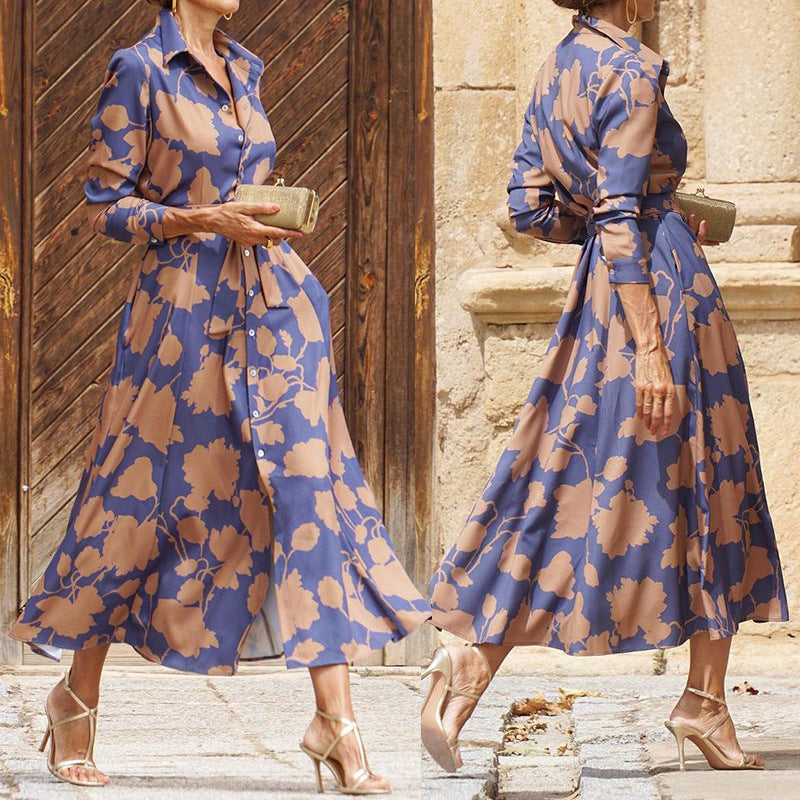 Women's Spring Temperament Printed Long Sleeve Lapel Midi Dress
