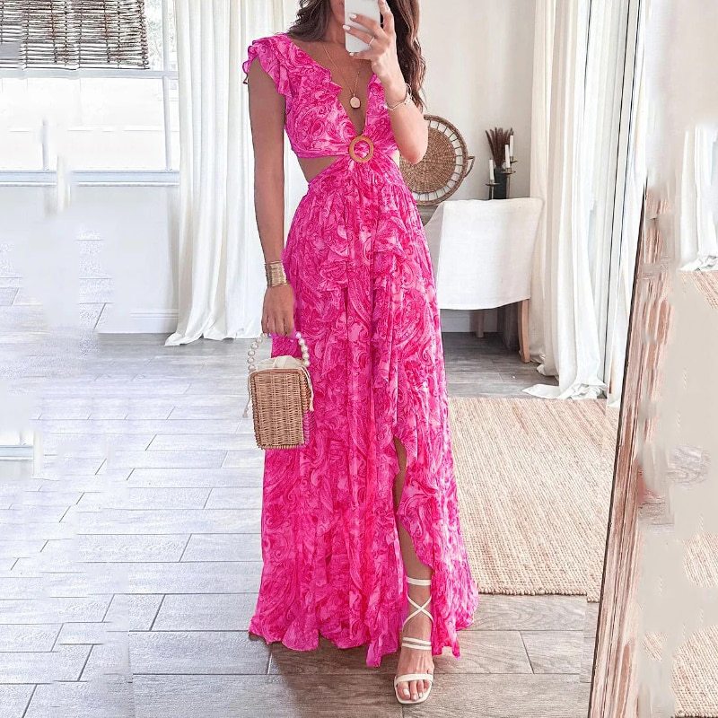 Women's Casual Summer Printed V-Neck Ruffled Split Dress