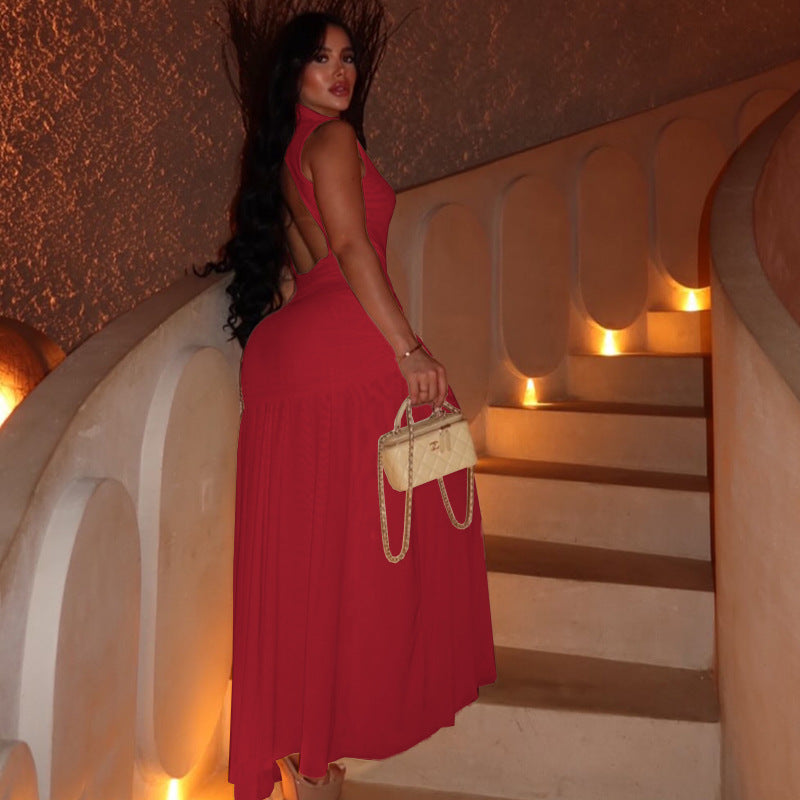 Women's Elegant Solid Color High Collar Sleeveless Backless A-Line Dress