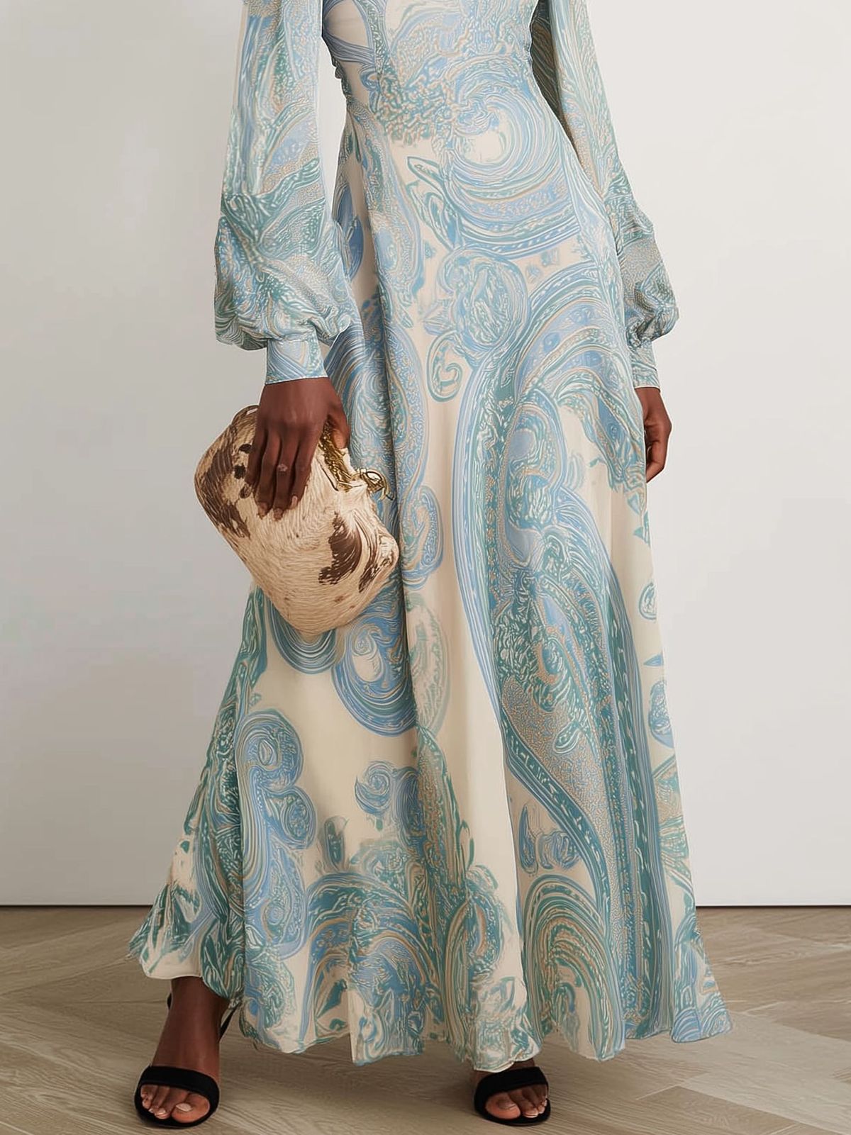 Women's Elegant Pattern Printed Round Neck Long Lantern Sleeve Long A-Line Dress