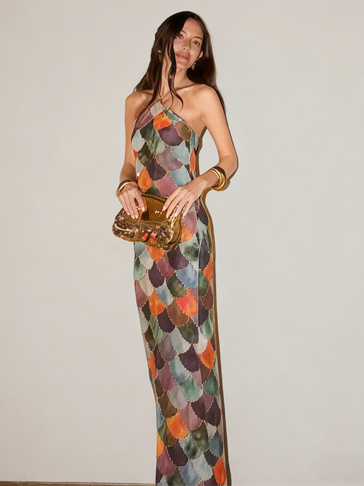 Women's Sexy Summer Neck Scale Print Backless Bodycon Maxi Dress