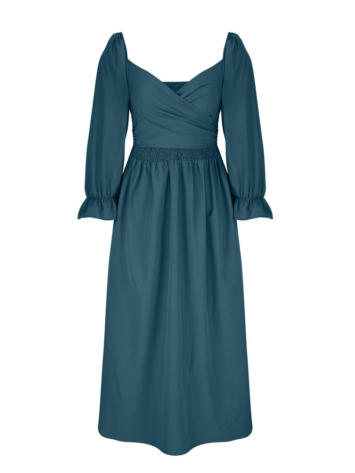 Women's Elegant Solid Color Long Sleeve V-Neck Midi Dress