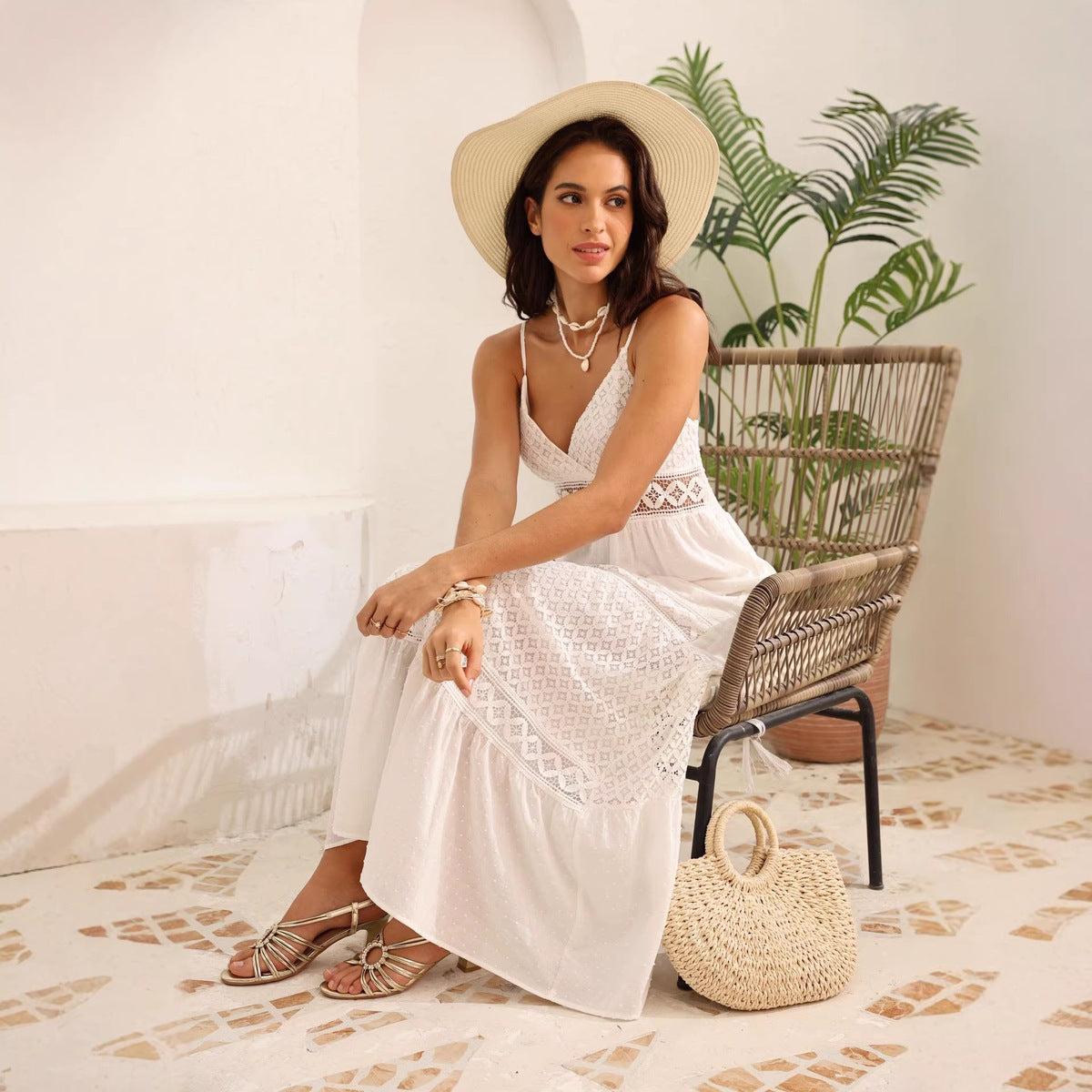 Women's Sexy Boho Vacation Cotton Solid Color Lace Spaghetti Strap Dress