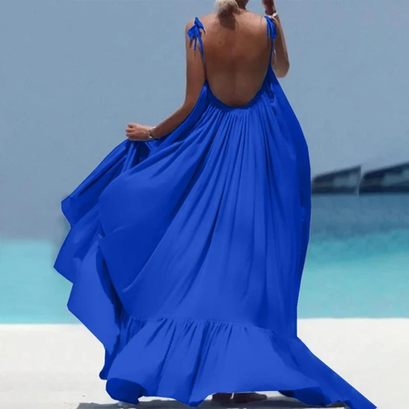 Women's Summer Loose Solid Color Sling Maxi Dress, with Pile