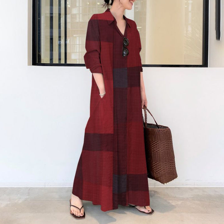 Women's Casual Loose Plaid Print Long Sleeve Shirt Maxi Dress
