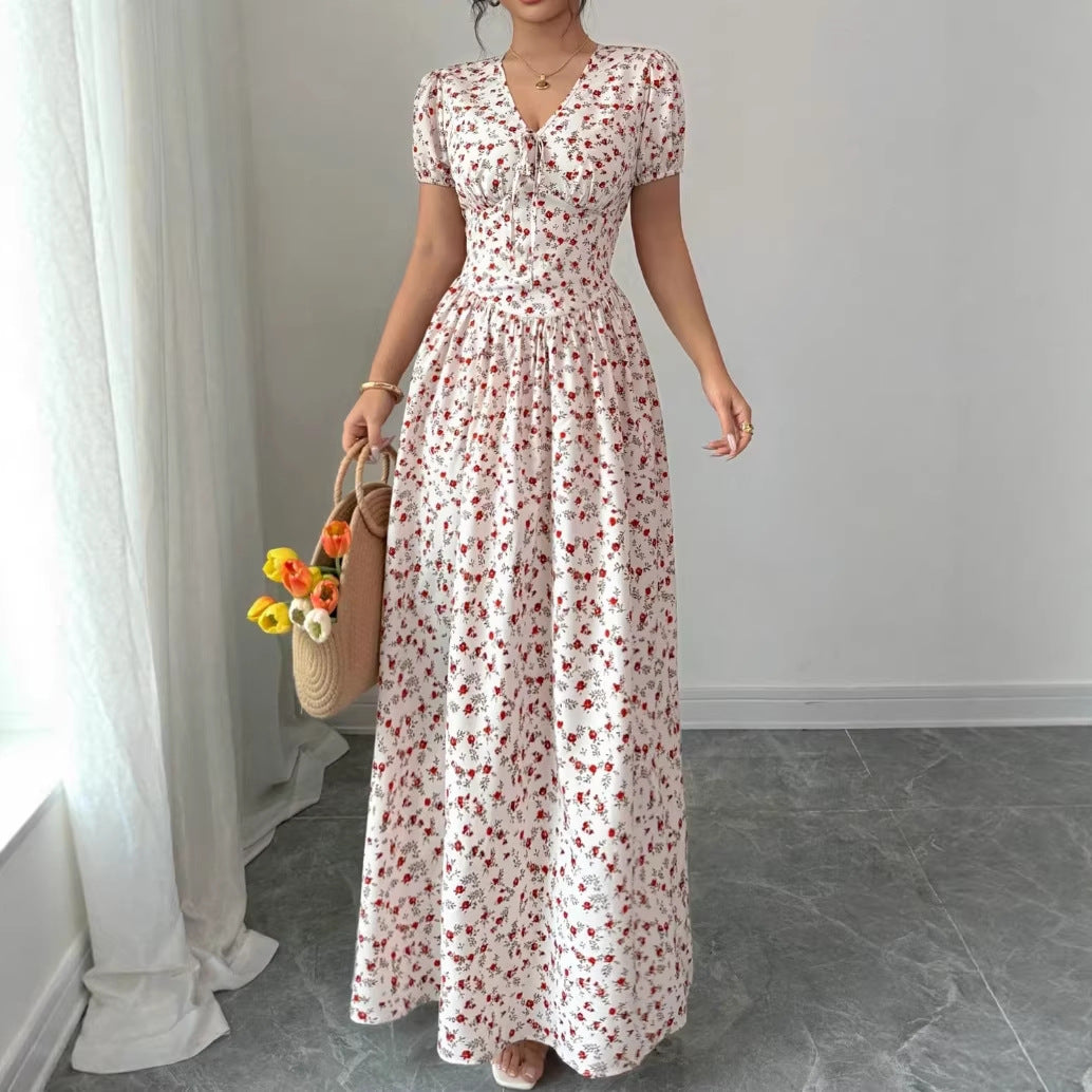 Women's Casual Summer Flower Printed V-Neck Short Sleeve A-Line Dress
