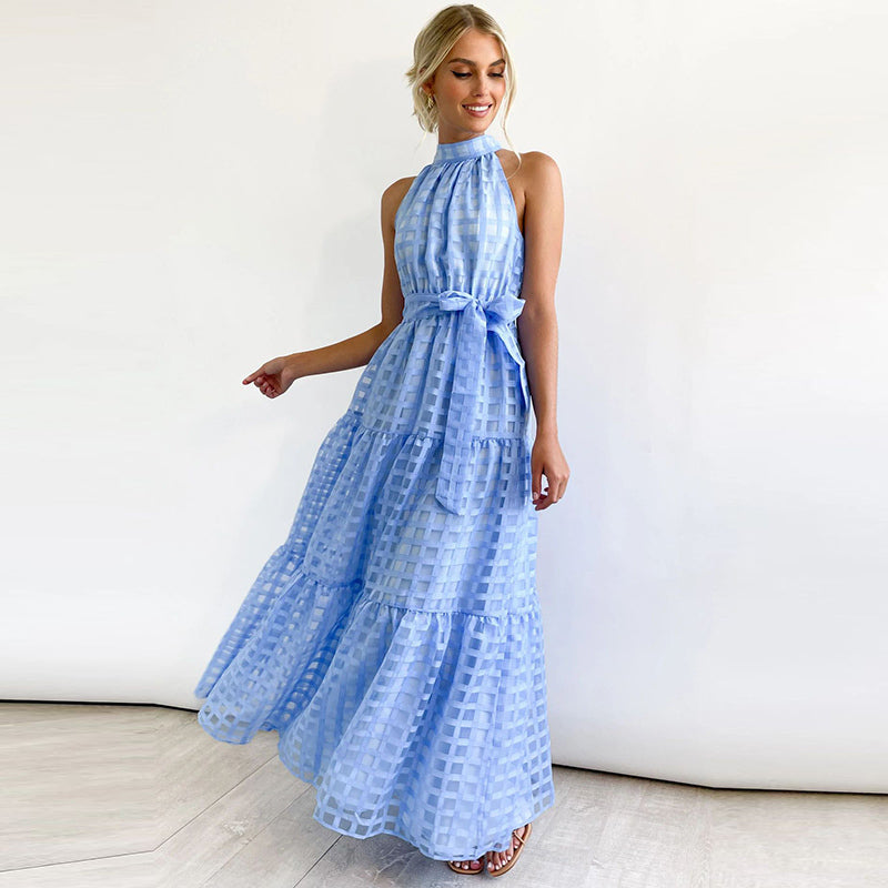 Women's Summer Solid Color Sleeveless Mid-Waist Lace-Up Large Swing Maxi Dress