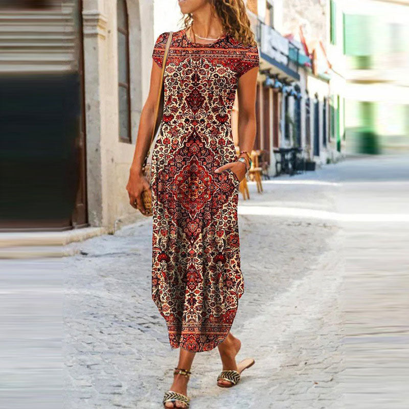 Women's Casual Geometric Floral Print Round Neck Short Sleeve Maxi Dress