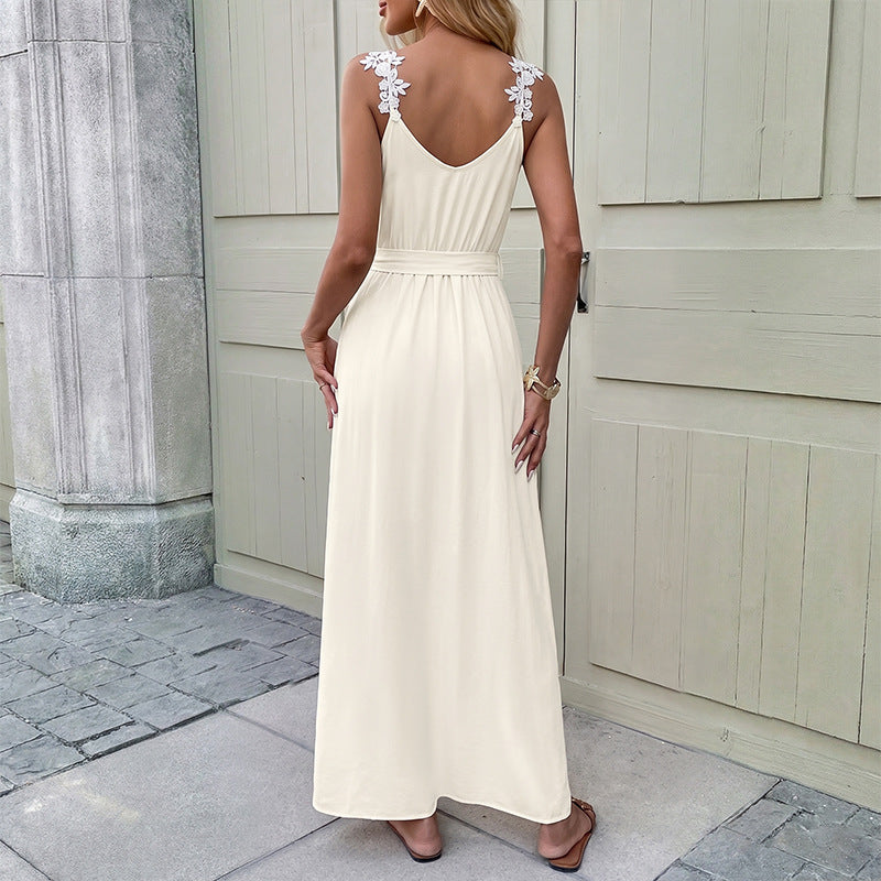 Women's Vacation Flower Shoulder Strap Lace-Up Waist Split Dress