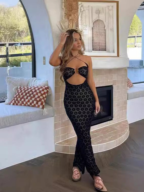 Women's Sexy Printed Hollow Perspective Halter-Neck Slim Fit Maxi Dress