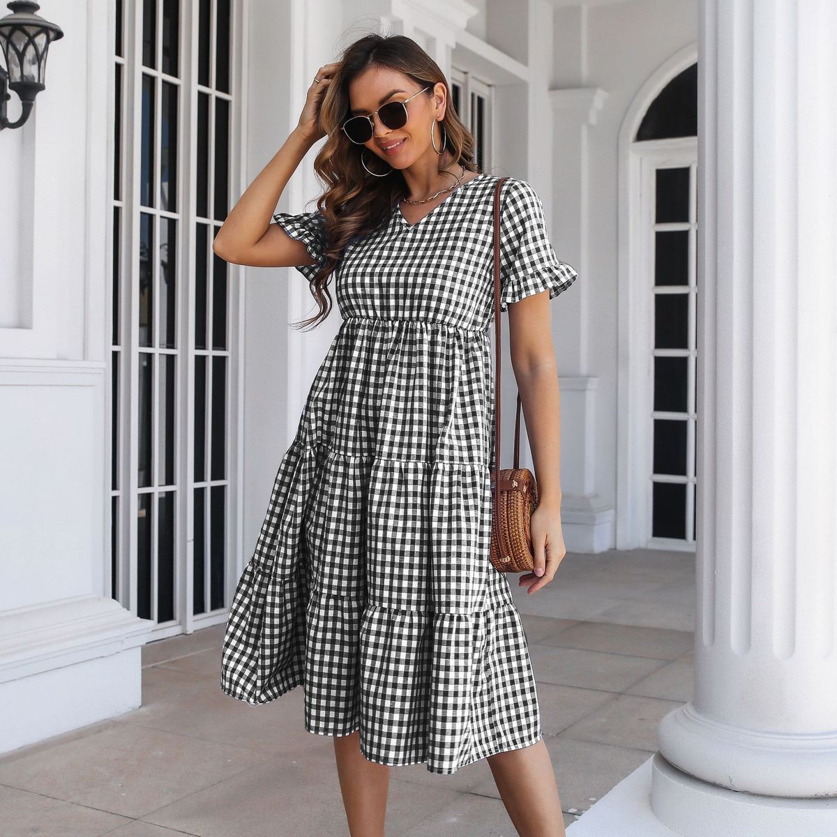 Women's Casual Plaid Printed V-Neck Short Sleeve Ruffled Large Swing Dress