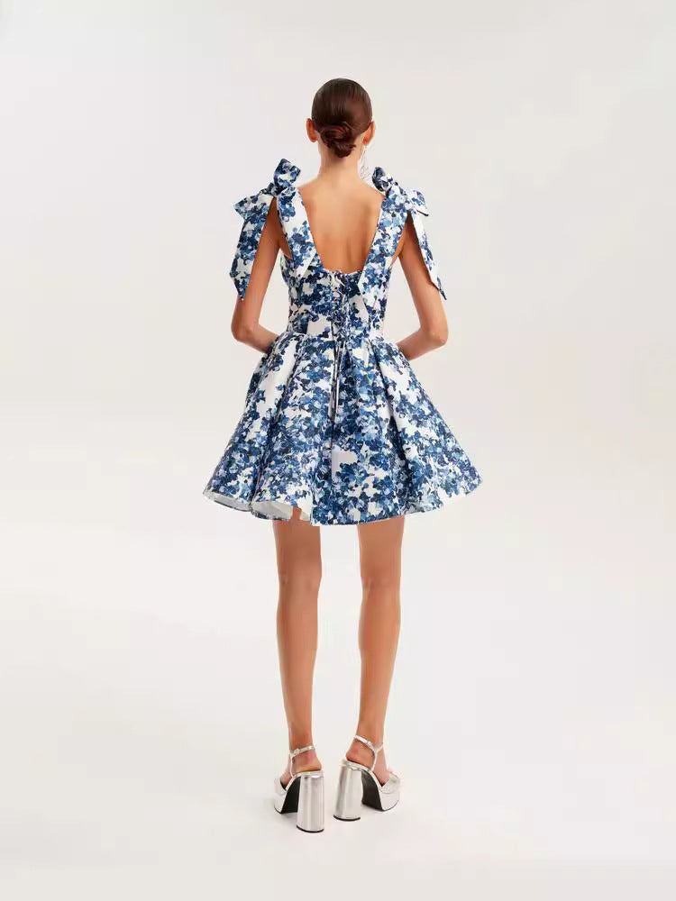 Women's Elegant Vacation Floral Printed Sleeveless Lace-Up Backless Dress