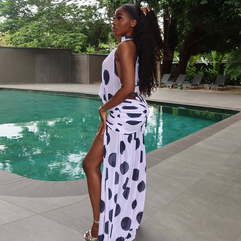 Women's Sexy Polka Dot Printed Hanging Neck Cut-Out Irregular Maxi Dress
