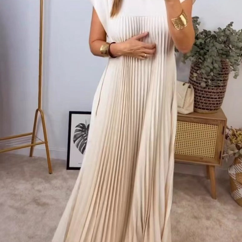 Women's Casual Elegant Round Neck Sleeveless Pleated Maxi Dress