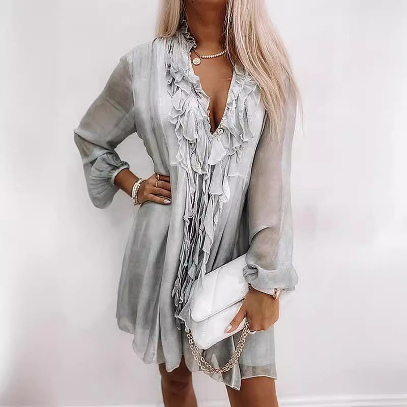 Women's Casual V-Neck Long Sleeve Ruffle Loose Dress