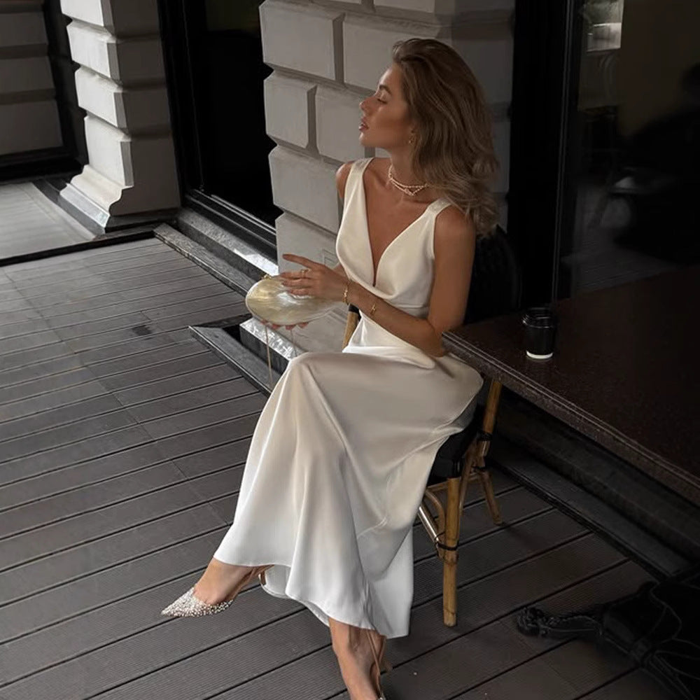 Women's Elegant Solid Color Satin Swing Collar Dress