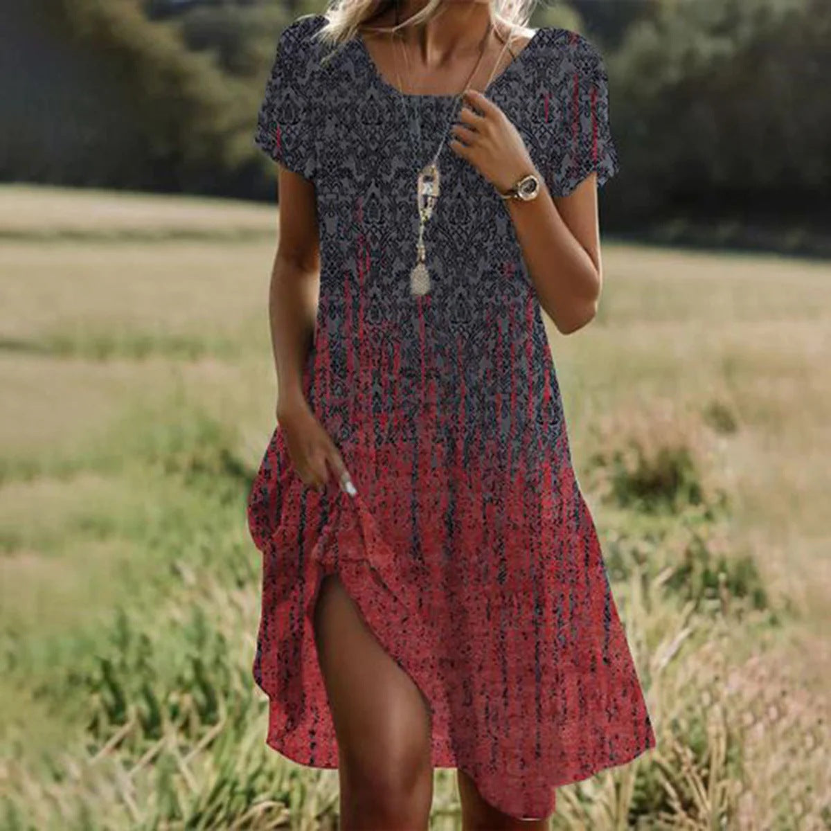 Summer Boho Ethnic Geometric Print Midi Dress, Women Casual