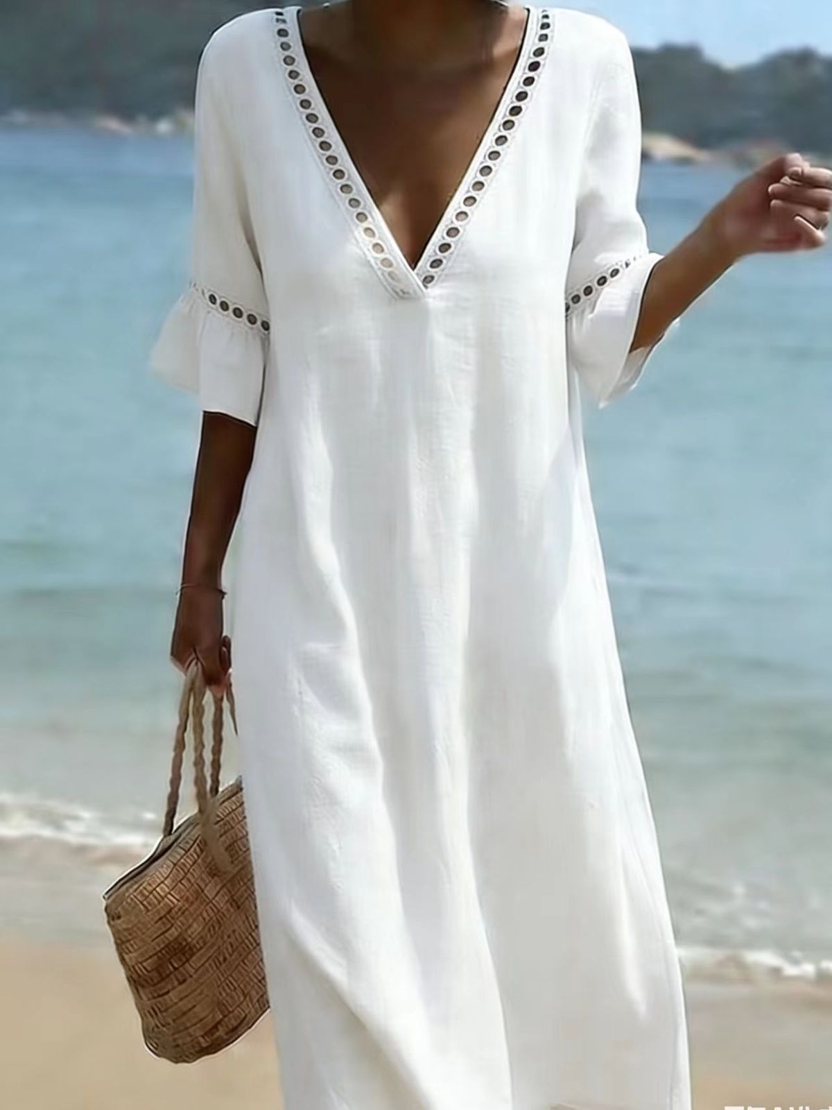 Women's Summer Boho Vacation Solid Color V-Neck Short Sleeve Loose Dress