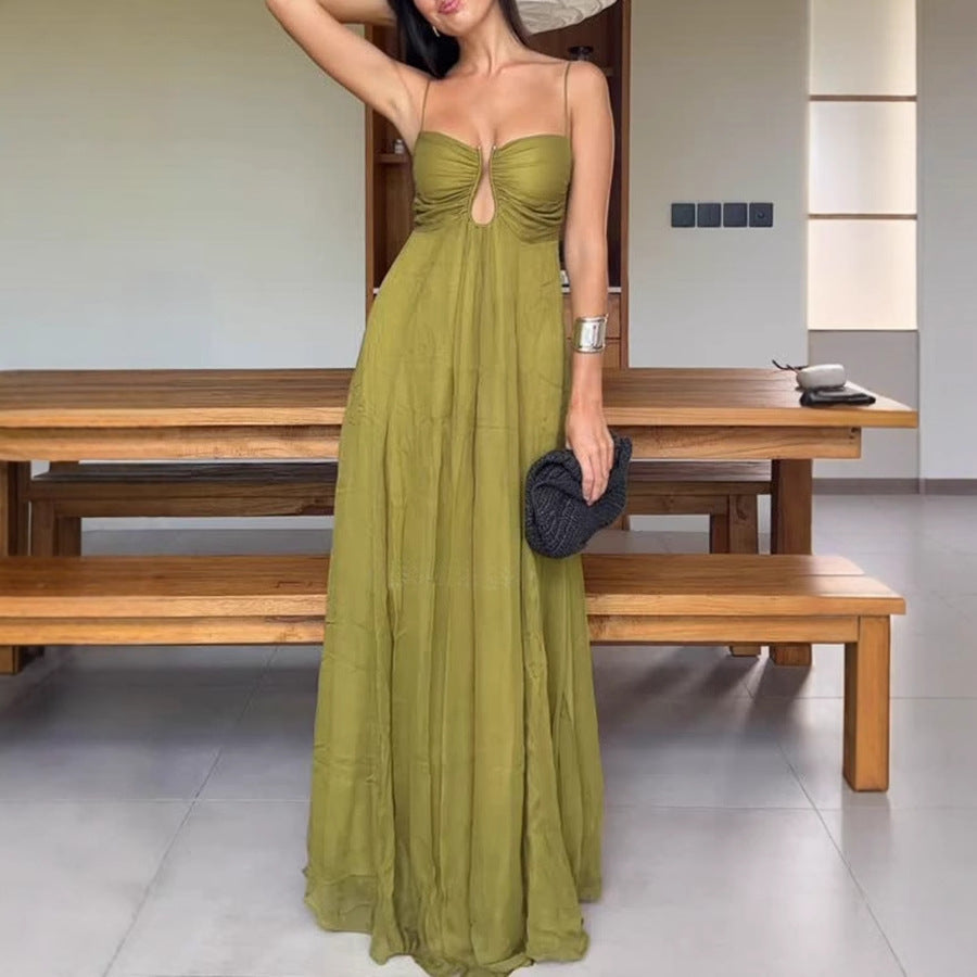 Women's Sexy Solid Color U-Shaped Spaghetti Strap Loose Polyester Long Dress