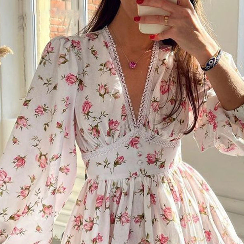 Women's Casual Tiny Flower Print V-Neck Long Sleeve Princess Dress