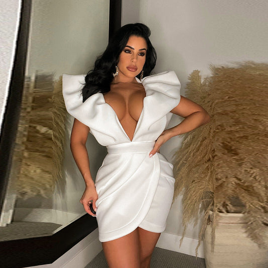 Women's Sexy Deep V-Neck Backless Solid Color Ruffled Wrap Dress