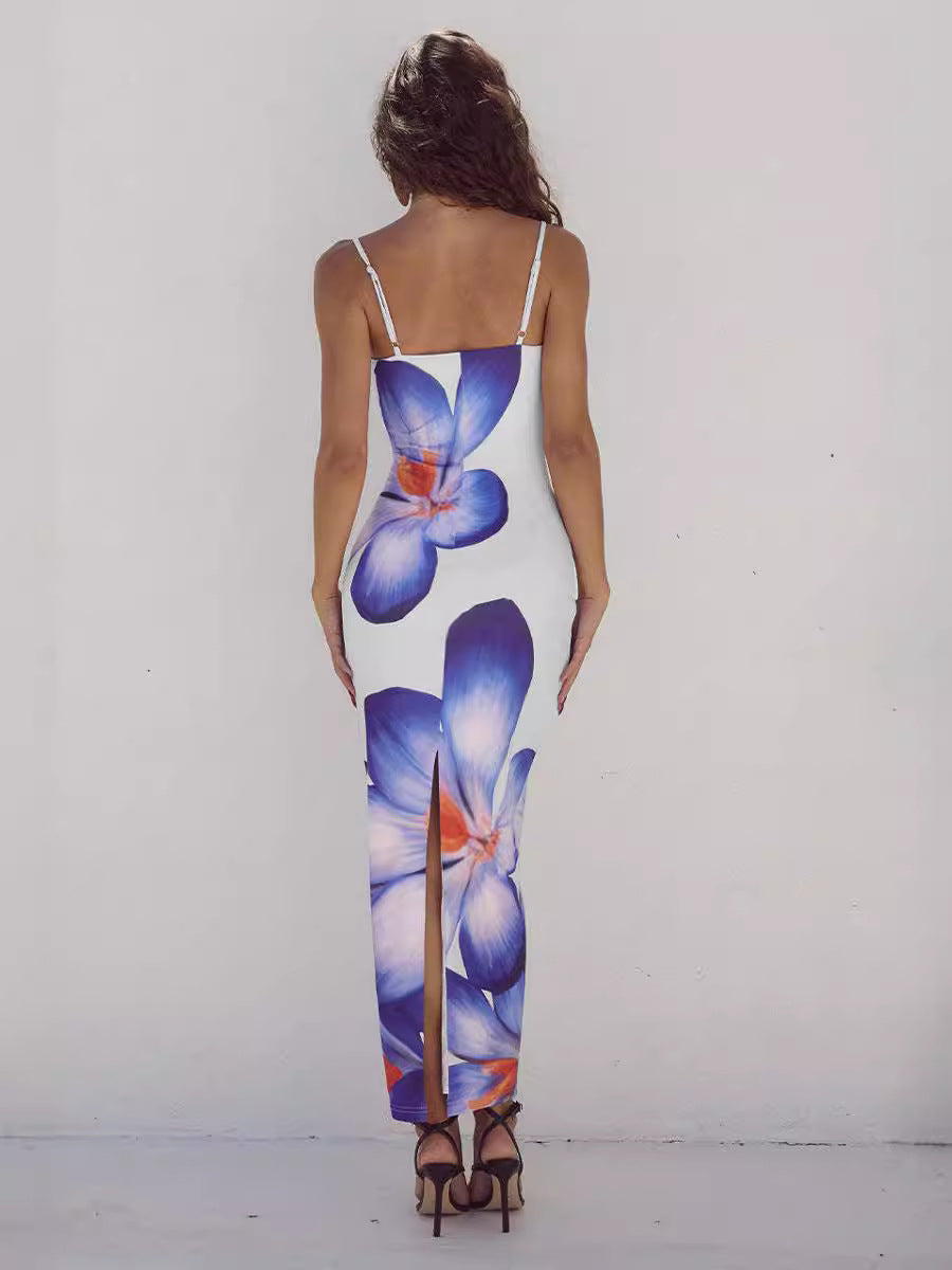 Women's Summer Sexy Floral Printed Sling Split Maxi Dress