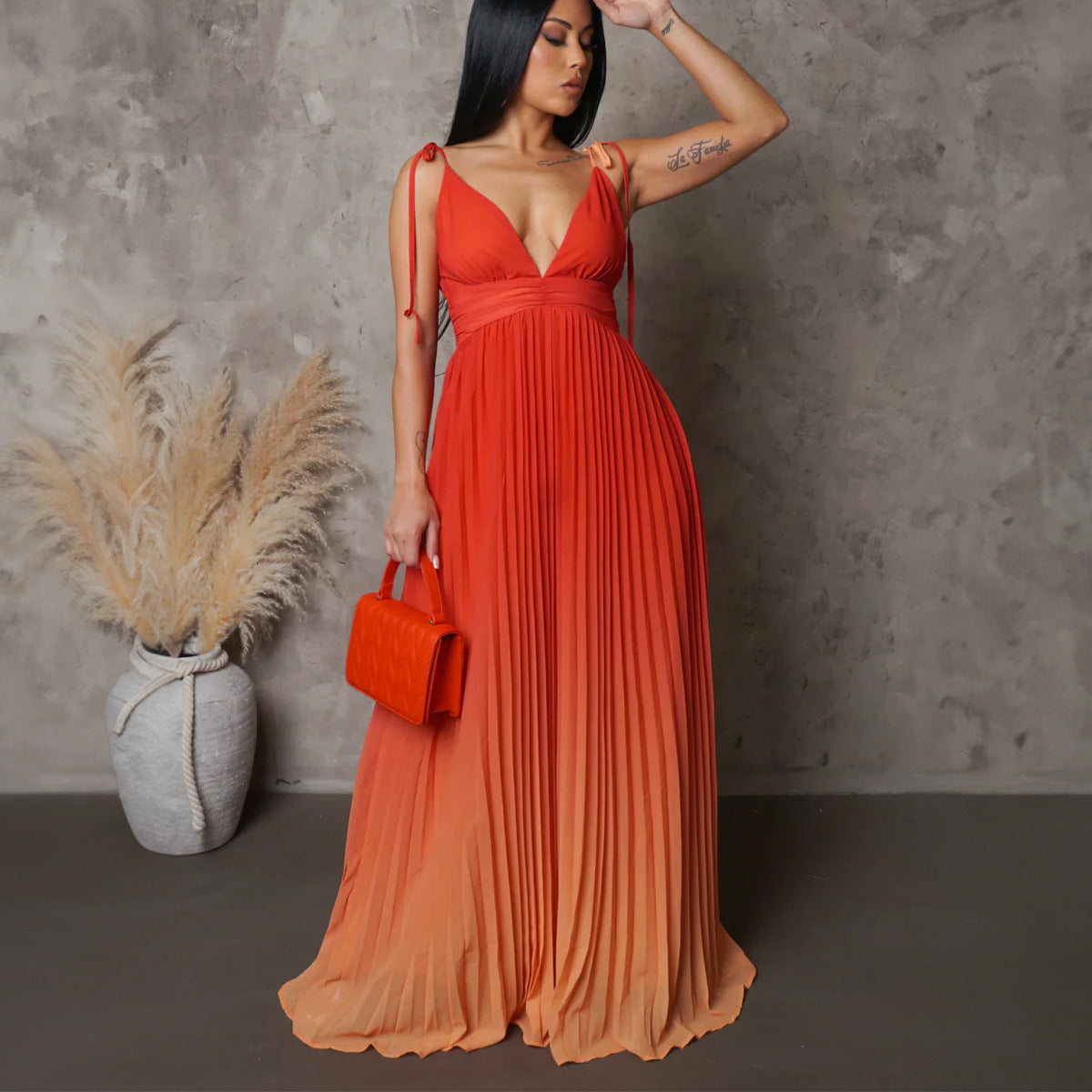 Women's Summer Sexy Deep V Backless Strap Gradient Maxi Dress