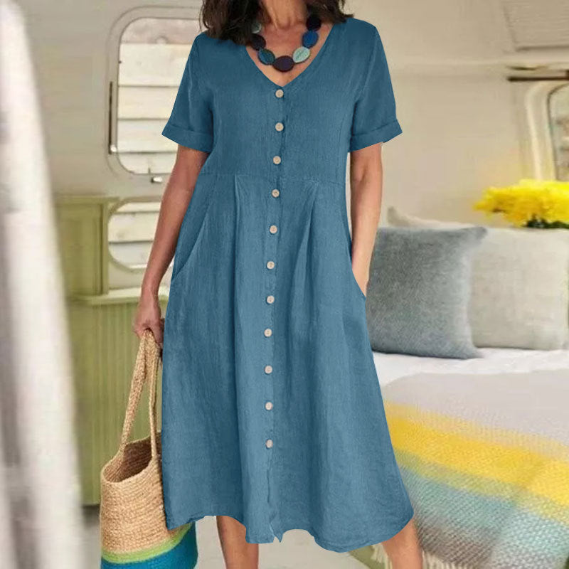 Spring and Summer Solid Color High Waist Cotton Linen Short Sleeve Midi Dress