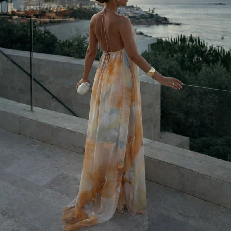 Women's Printed Halter-Neck Backless Loose Dress