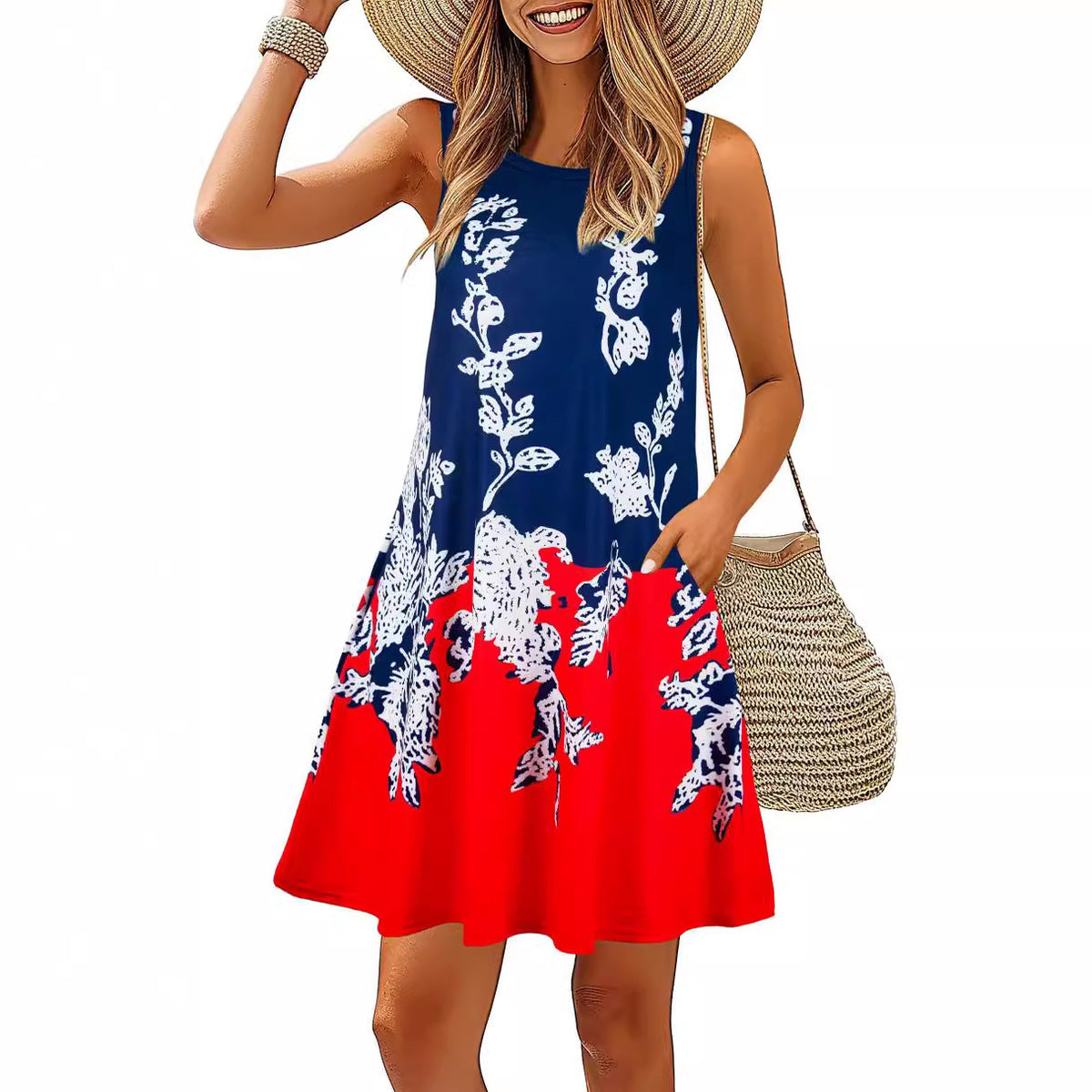 Women's Casual Printed Sleeveless Round Neck A-Line Midi Dress, with Pockets