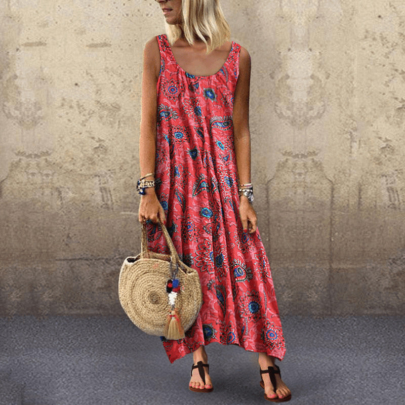 Women's Casual Chiffon Plant Printing Round Neck Sleeveless Dress