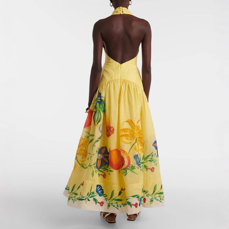 Women's Sexy Printed Deep V-Neck Halter Backless Maxi Dress