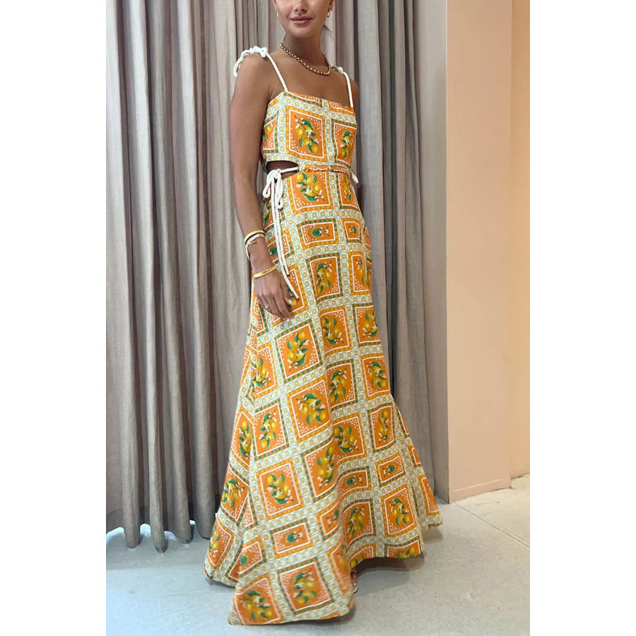 Women's Casual Vacation Printed Hollow-Out Spaghetti Strap Drawstring Dress