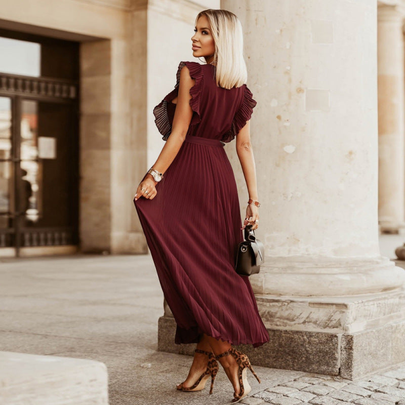 Women's Elegant Office V-Neck Sleeveless Chiffon Solid Color Loose Pleated Dress