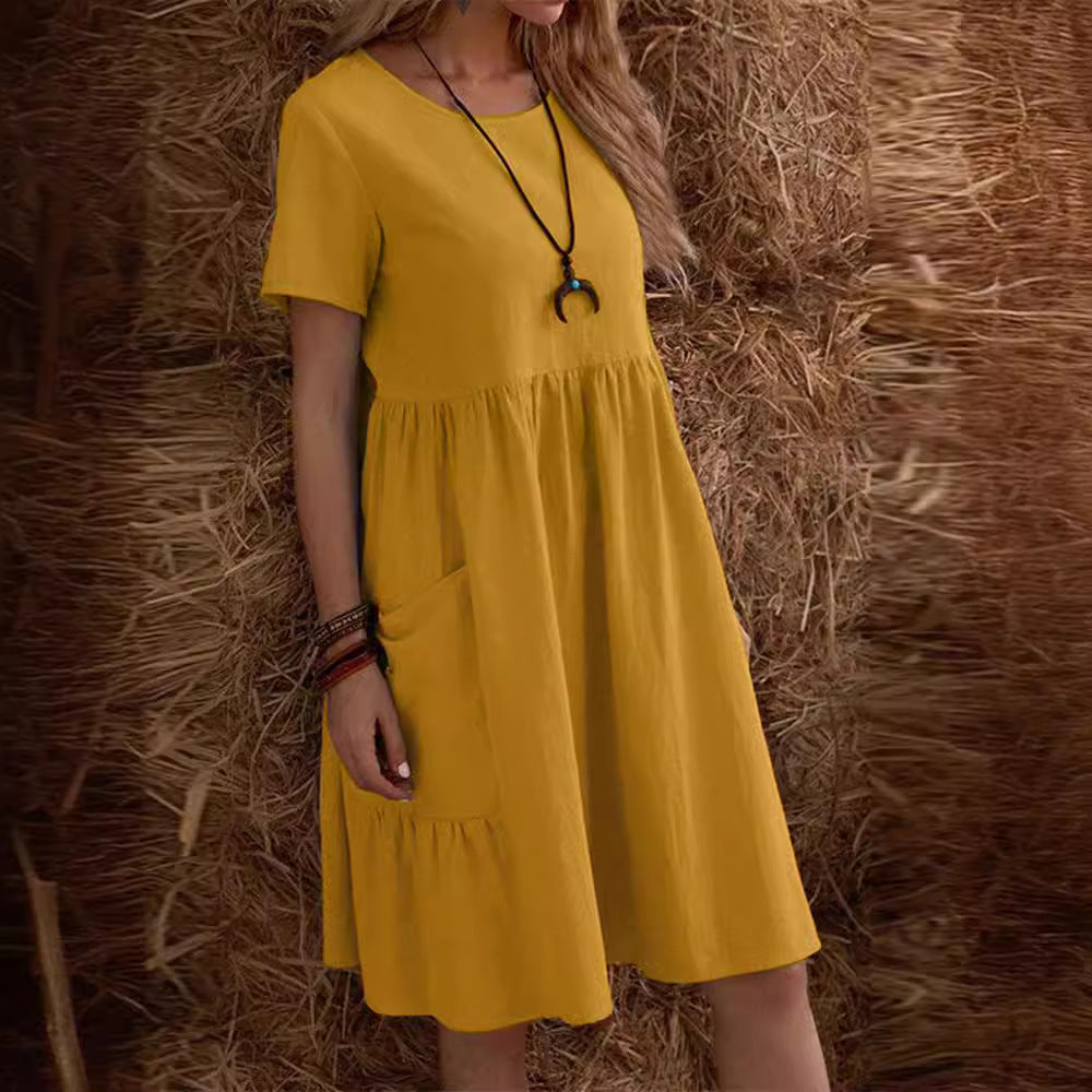 Women's Casual Cotton Linen Loose Solid Color Round Neck A-Line Dress