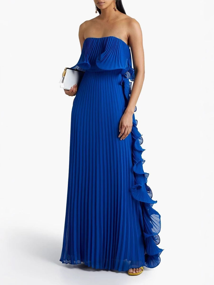Women's Holiday Solid Color Tube Top Pleated Maxi Dress