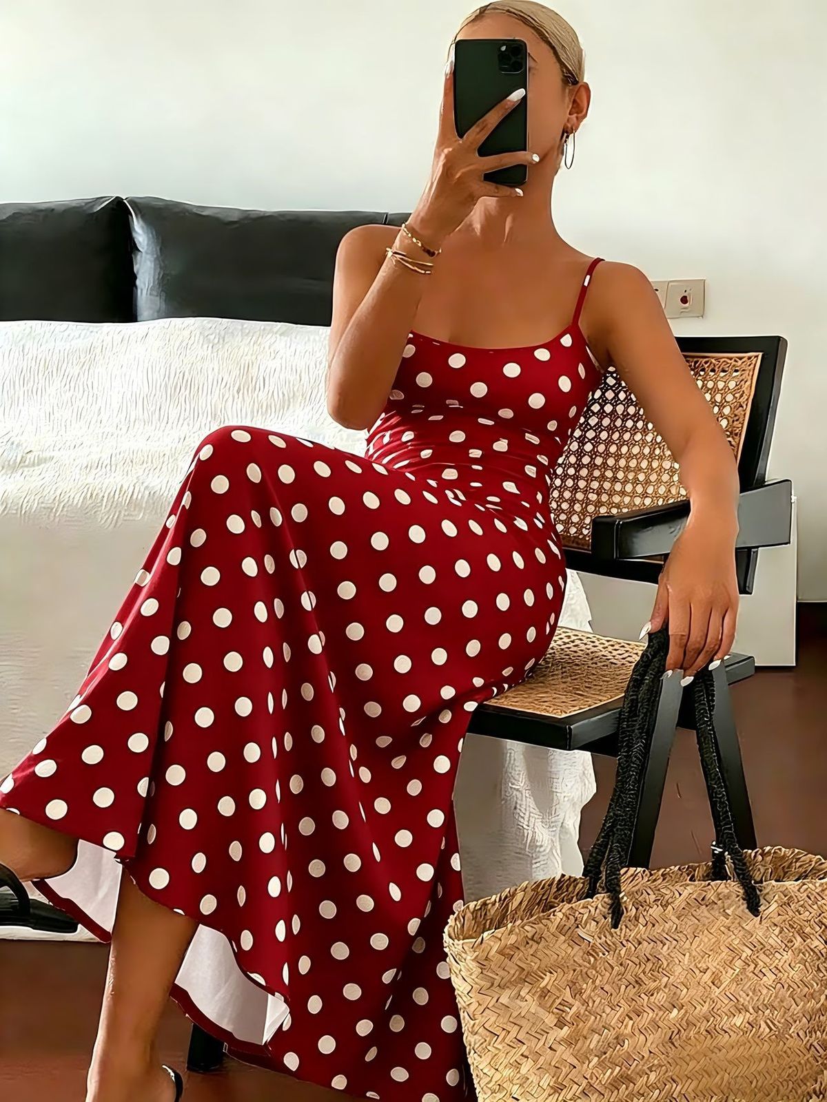 Women's Elegant Polo Dot Print Maxi Dress