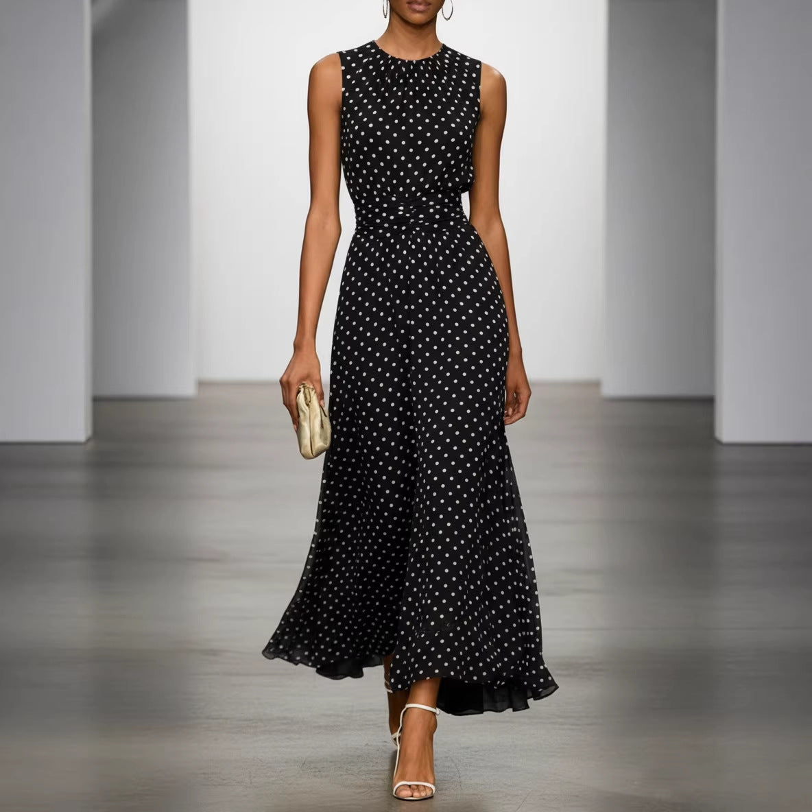 Women's Casual Spring Polka Dots Printed Sleeveless A-Line Dress