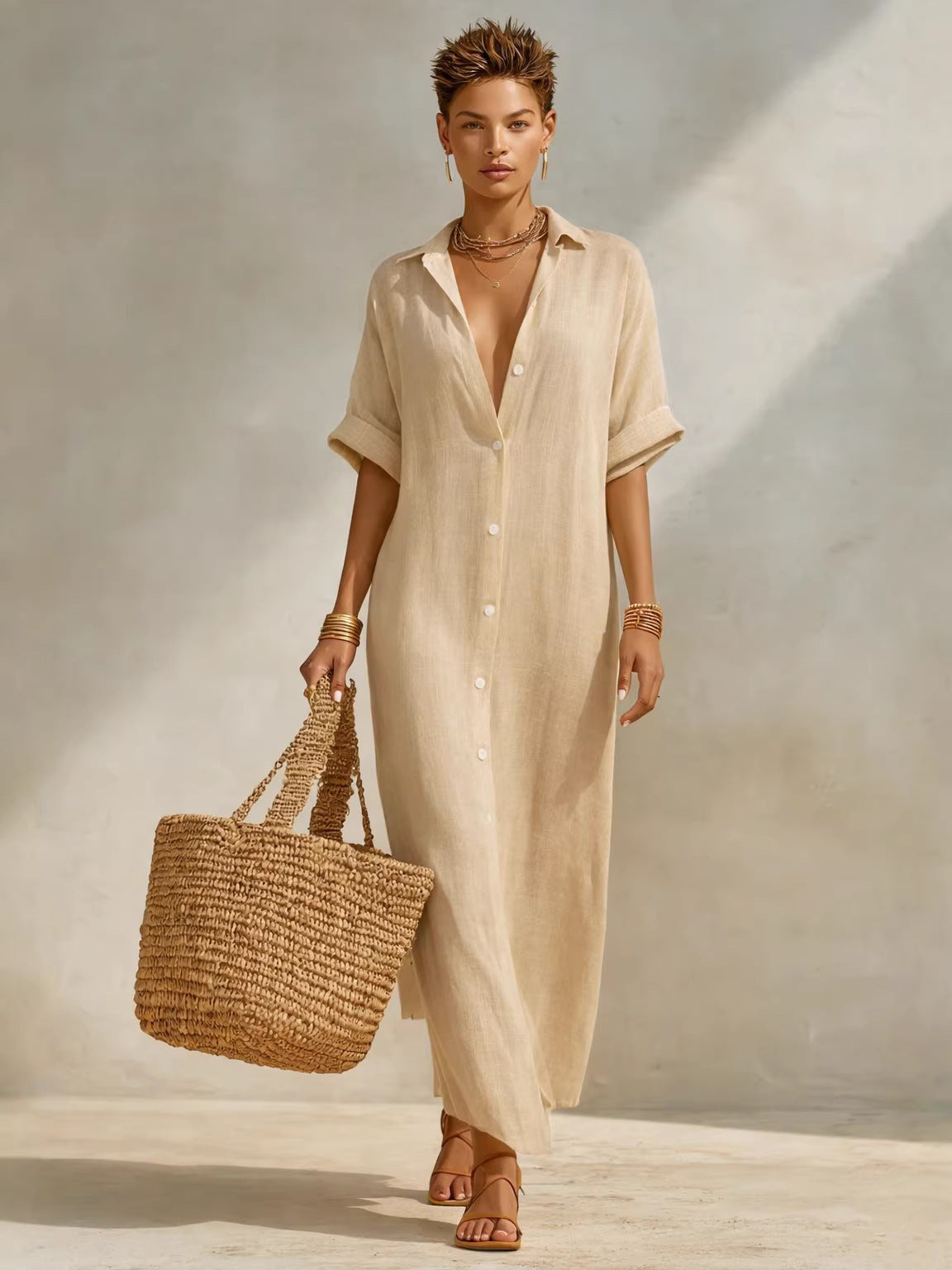 Women's Casual Summer Stripe Lapel Short Sleeve Loose Dress
