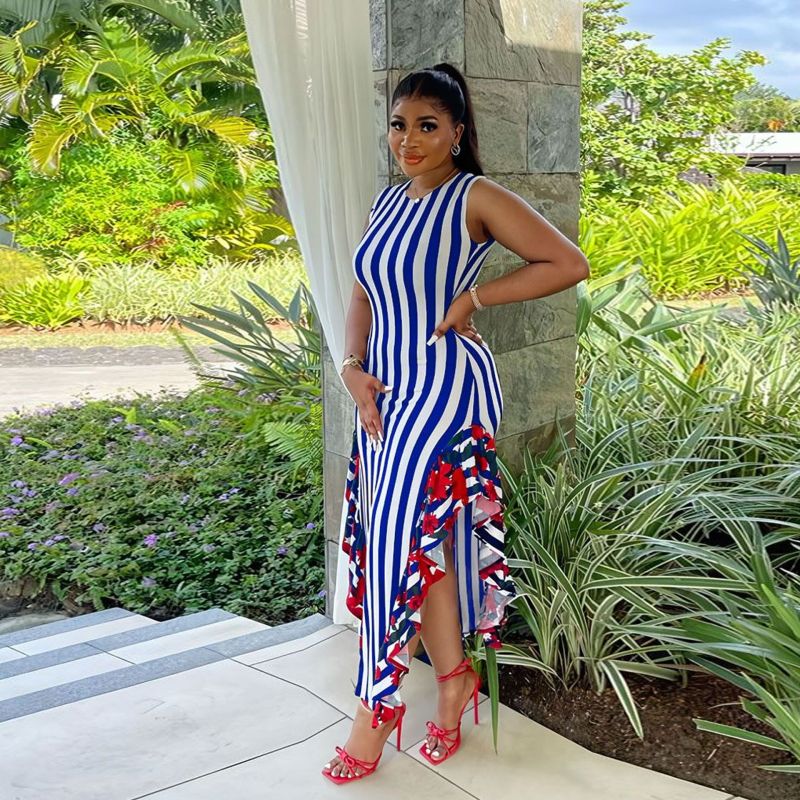 Women's Casual Stripe Floral Printing Sleeveless Irregular Hem Dress