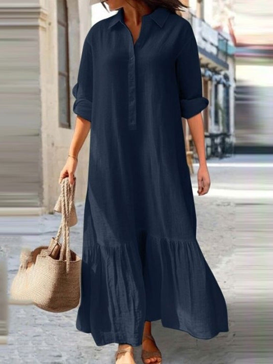Women's Casual Plus Size Cotton Linen Lapel Maxi Dress