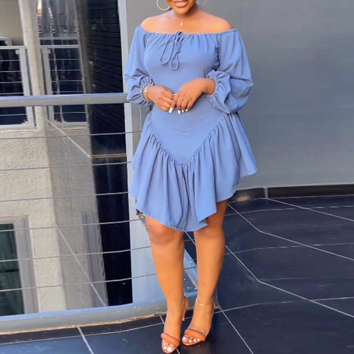 Women's Solid Color Lantern Sleeve Dress
