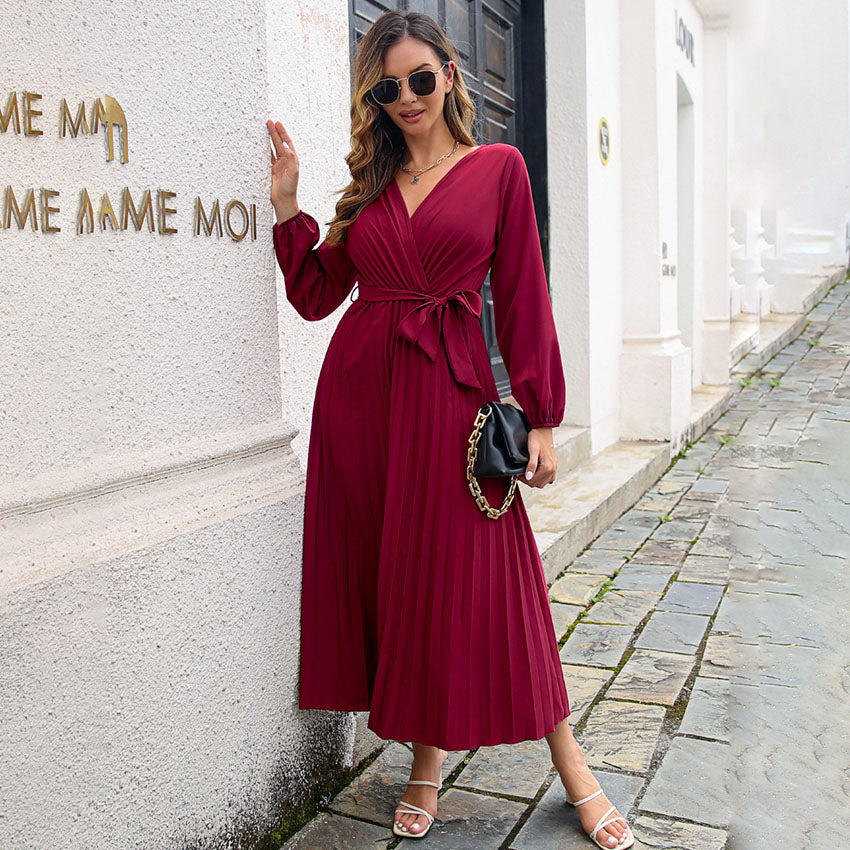 Women's Elegant Chiffon Pleated Maxi Dress, with V-Neck