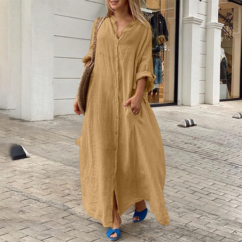Women's Casual Cotton Linen Solid Color Pocket Shirt Maxi Dress