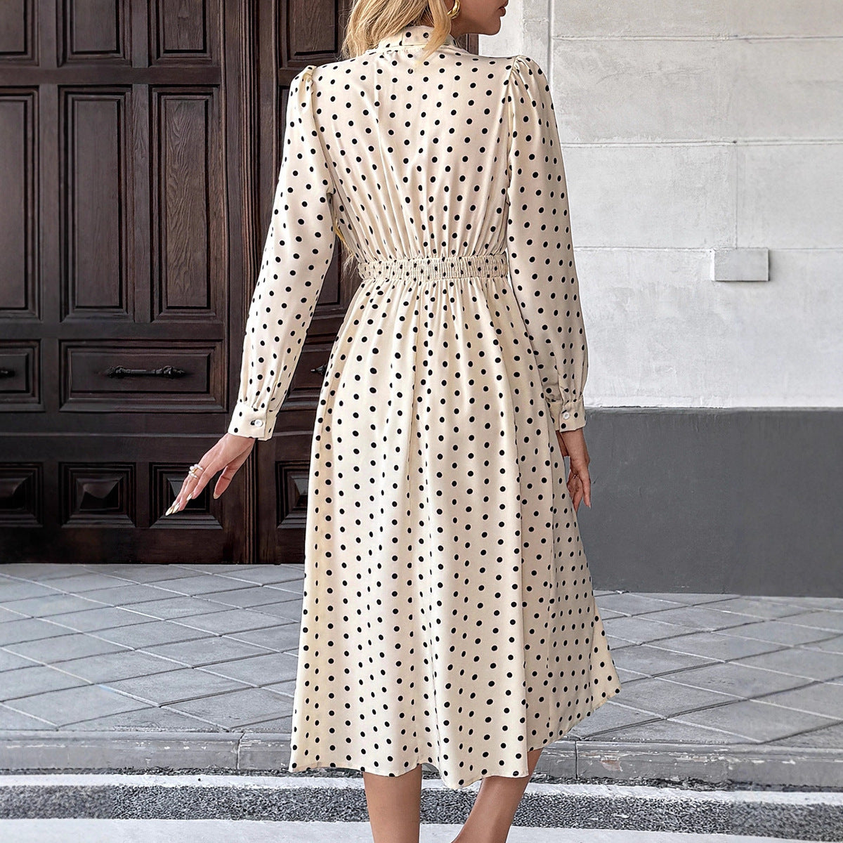 Women's Casual Elegant Polka Dot Print Bowknot Long Sleeve Tight Waist Dress