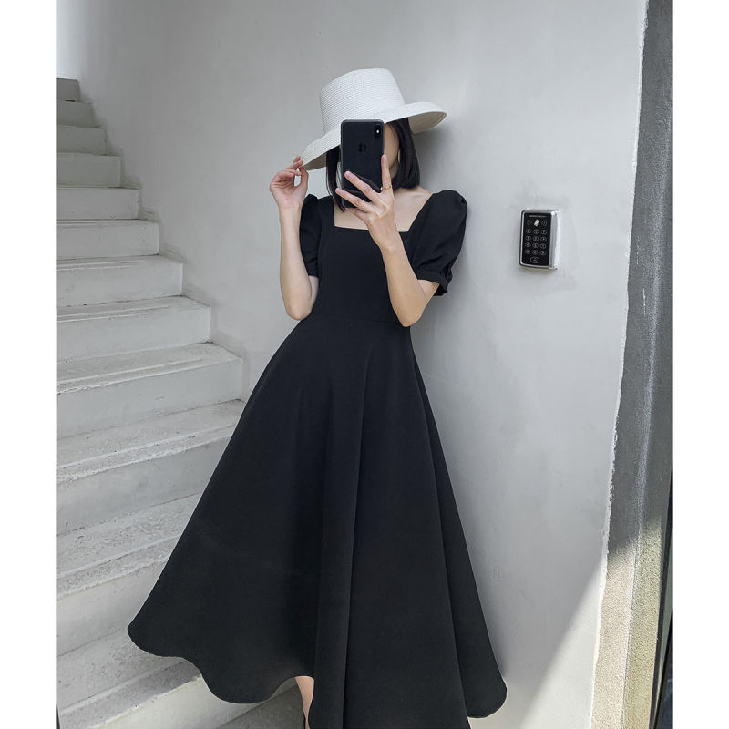 Women's Elegant Black Square Neck Short Sleeve Swing Midi Dress